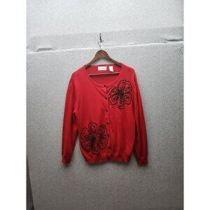 Alfred Dunner Red Cardigan With Floral Embroidery Womens Size L 60% Cotton 30% N